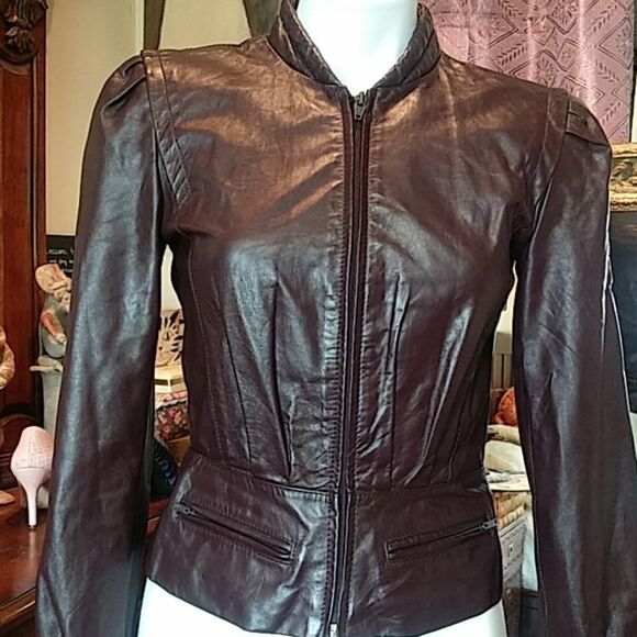Bermans. Dark burgendy leather jacket - Picture 1 of 16